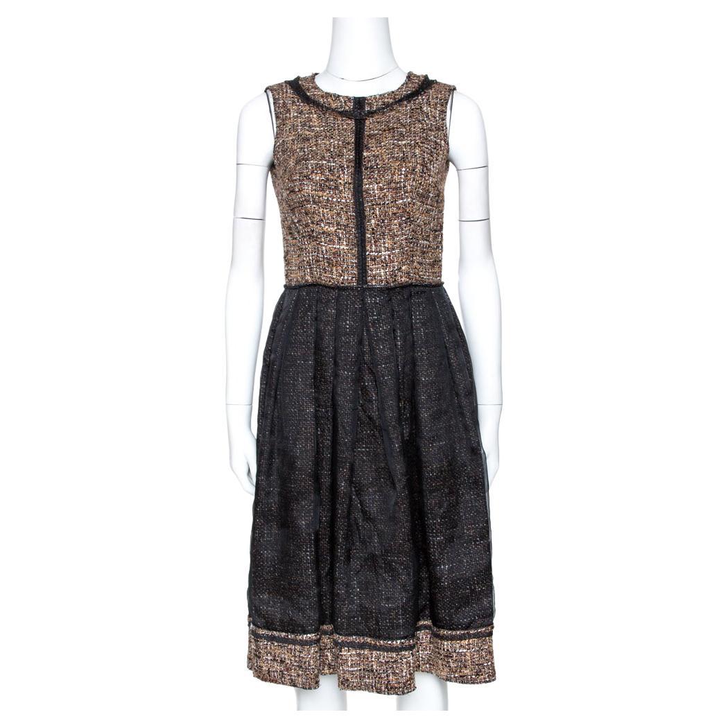 D&G Black and Brown Tweed Silk Overlay Flared Dress XS For Sale