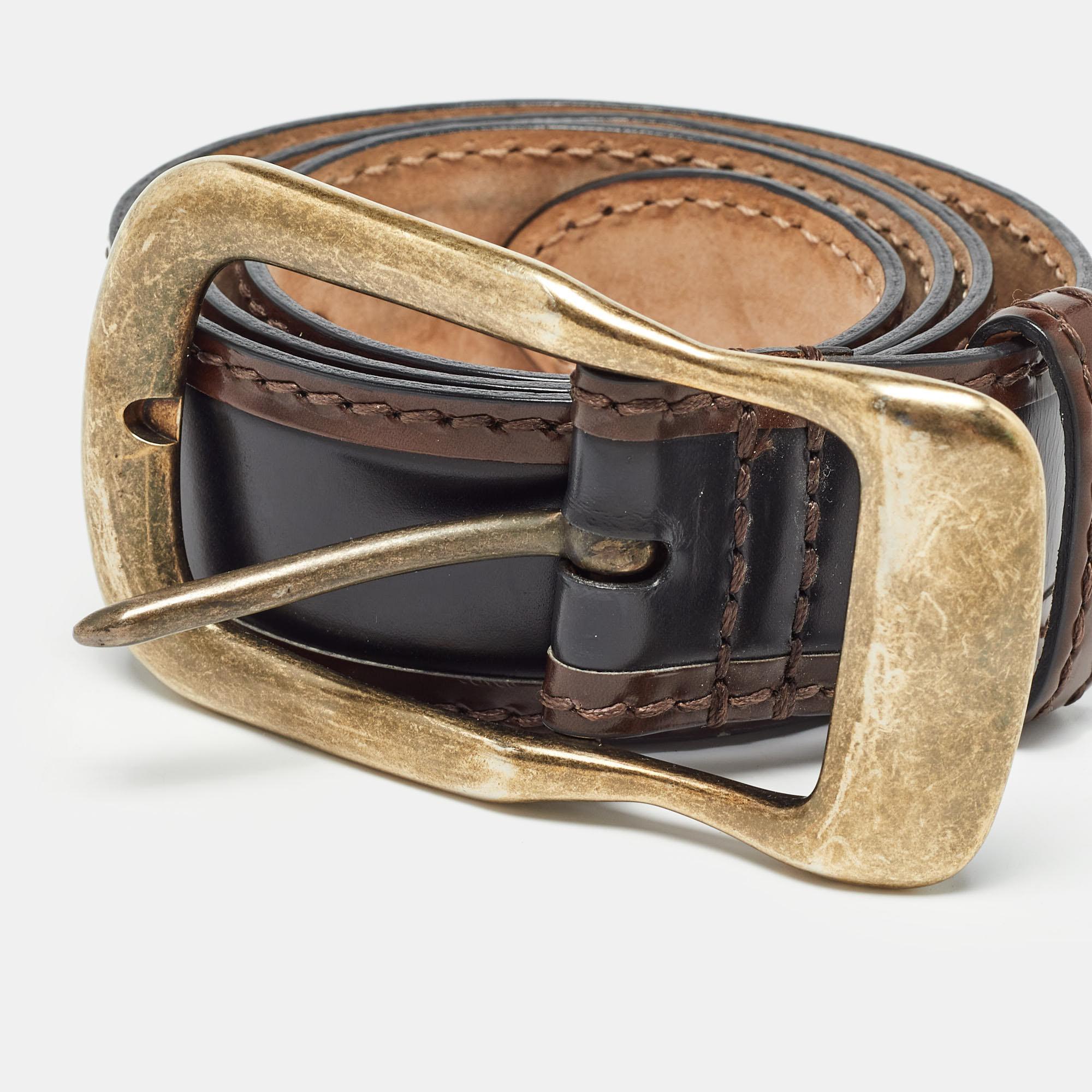 D&G Black/Brown Glossy Leather Buckle Belt 85CM In Good Condition In Dubai, Al Qouz 2