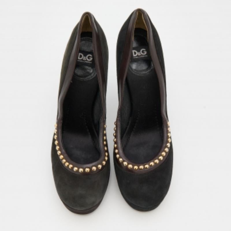 Noir D.G. Escarpins à plateforme cloutés en daim et cuir noir/marron foncé Taille 37 en vente