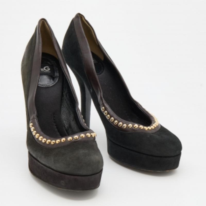 D.G. Escarpins à plateforme cloutés en daim et cuir noir/marron foncé Taille 37 État moyen - En vente à Dubai, Al Qouz 2