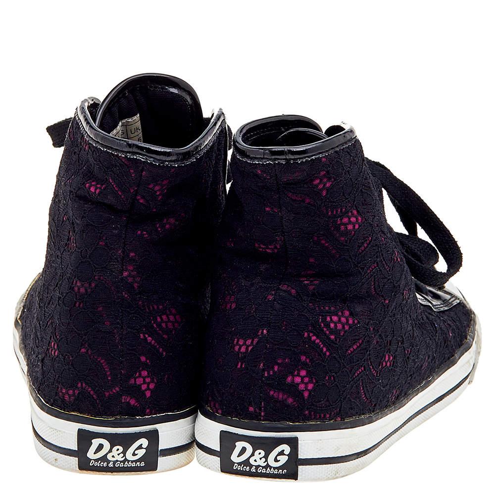 D&G Black Lace And Patent Leather High Top Sneakers Size 38 In Good Condition For Sale In Dubai, Al Qouz 2