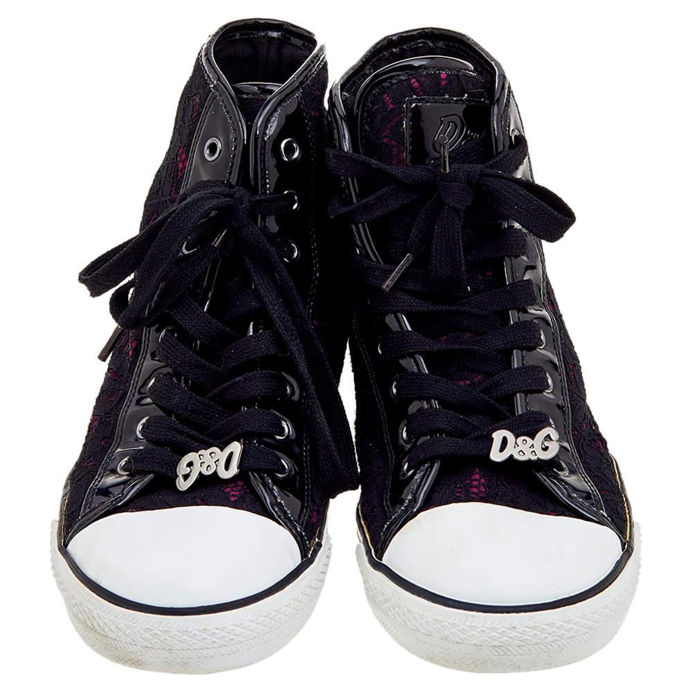 D&G Black Lace And Patent Leather High Top Sneakers Size 38 For Sale 2