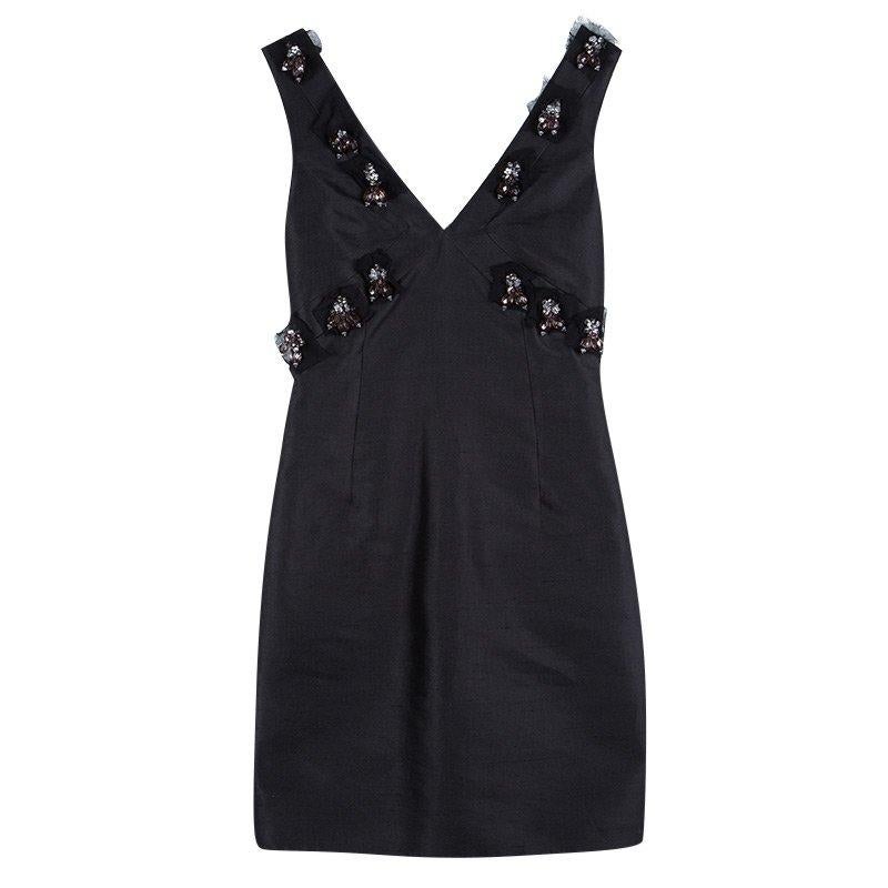 D&G Black Raw Cotton Silk Embellished Sleeveless Dress XS