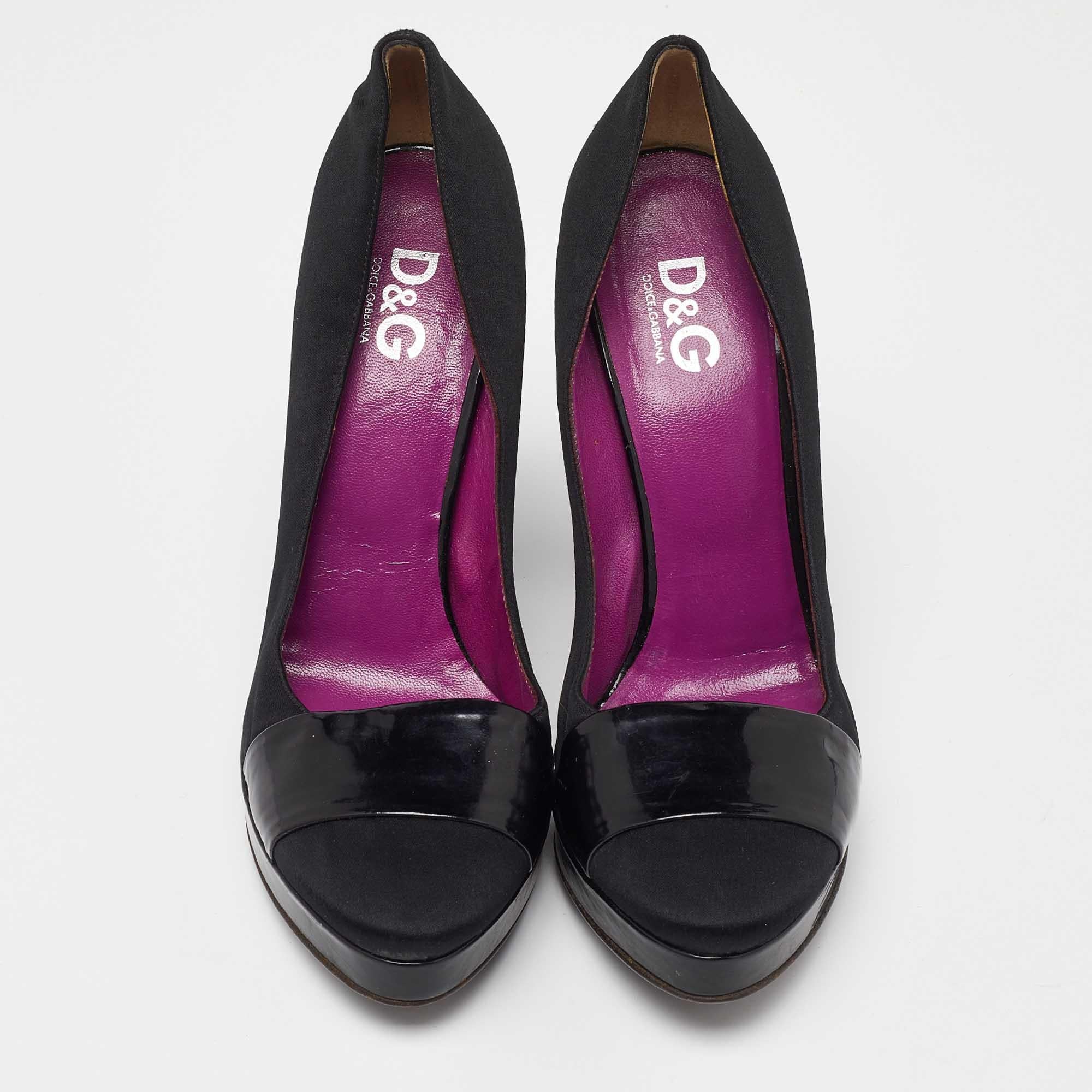 D&G Black Satin and Patent Leather Platform Block Heel Pumps Size 39 In Good Condition For Sale In Dubai, Al Qouz 2