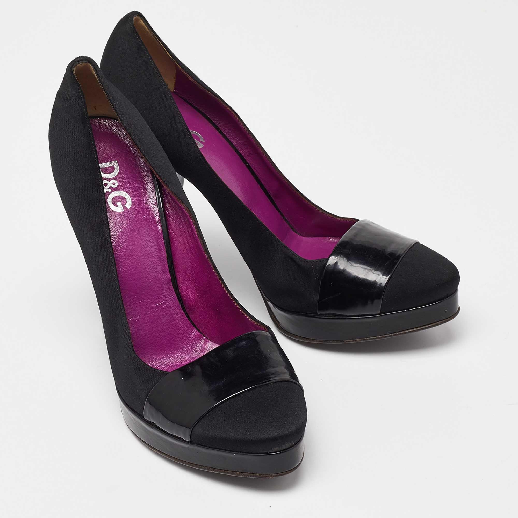 Women's D&G Black Satin and Patent Leather Platform Block Heel Pumps Size 39 For Sale