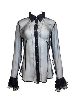 D&G Black Sheer Button Down Blouse with Ruffled Sleeves