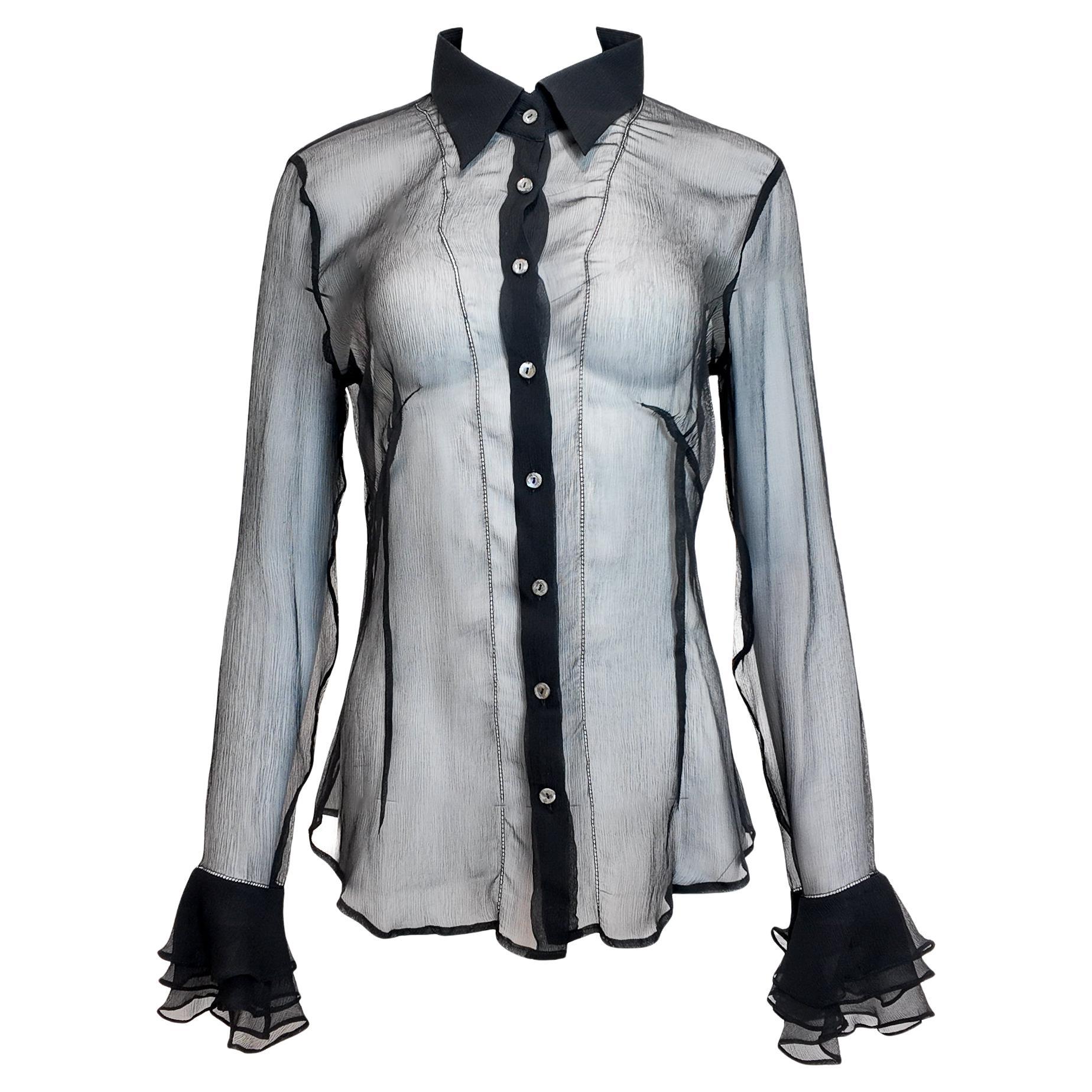 D&G Black Sheer Button Down Blouse with Ruffled Sleeves
