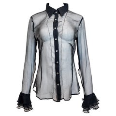 D&G Black Sheer Button Down Blouse with Ruffled Sleeves