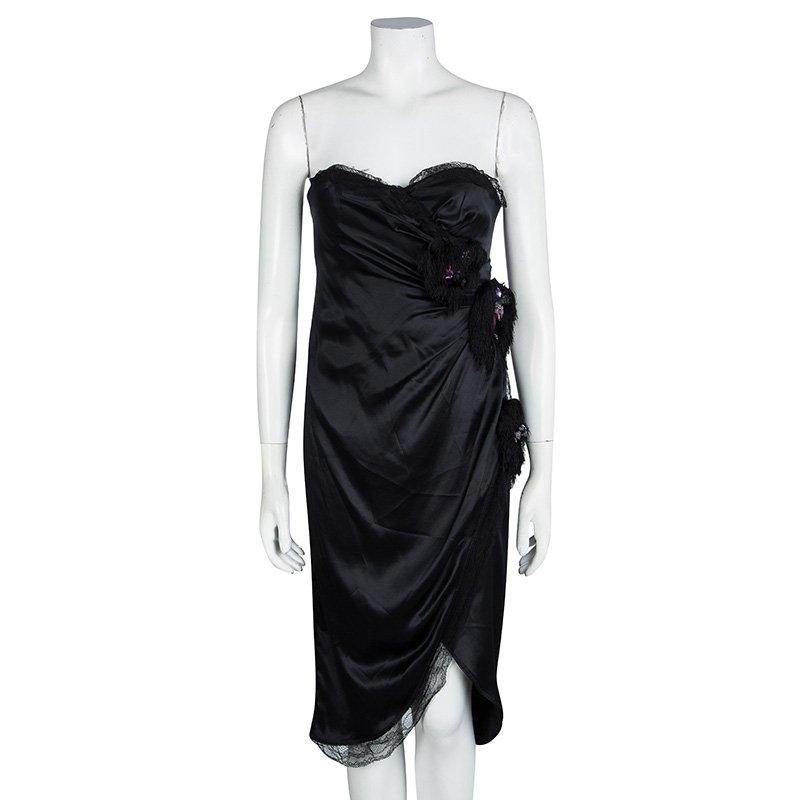 D&G Black Silk Embellished Fringed Scallop Lace Trim Detail Strapless Dress M In Good Condition In Dubai, Al Qouz 2