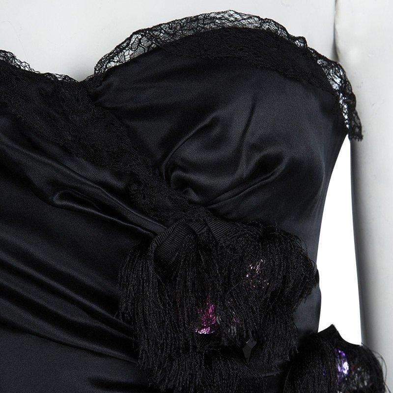 Women's D&G Black Silk Embellished Fringed Scallop Lace Trim Detail Strapless Dress M