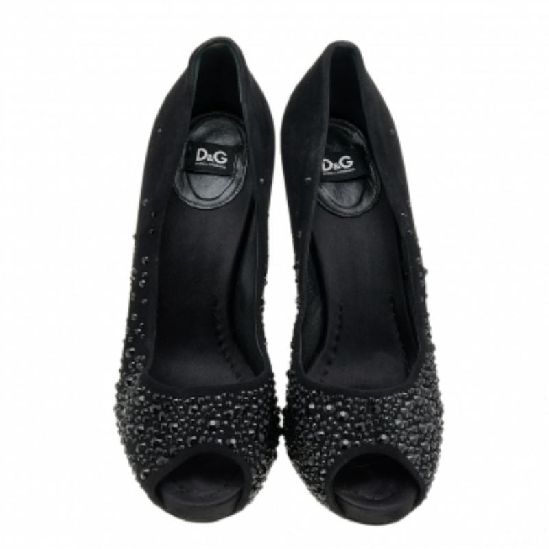 Women's D&G Black Suede Crystal Embellished Peep Toe Pumps Size 40 For Sale