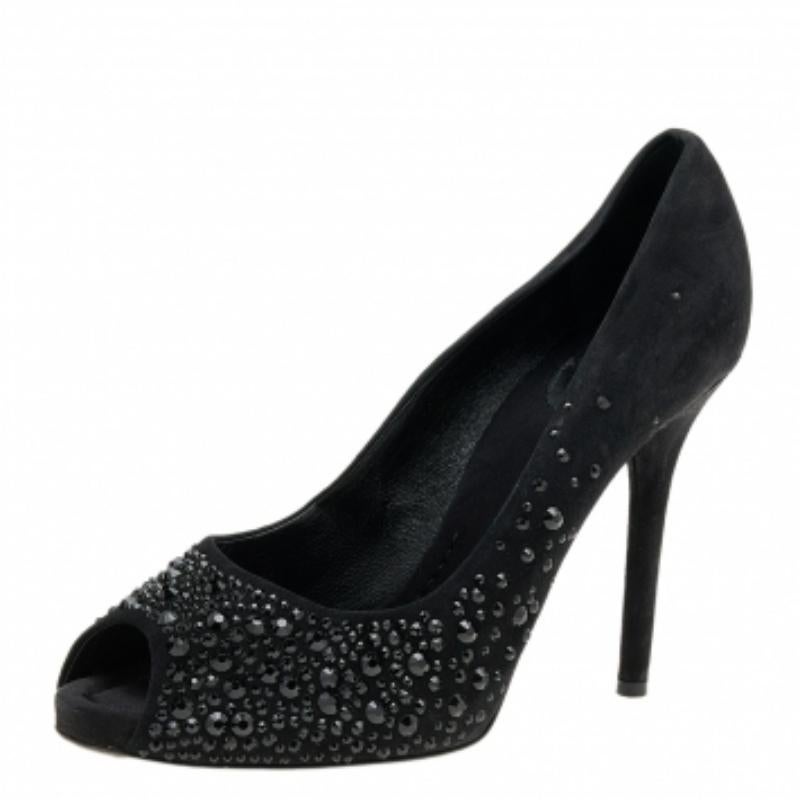 D&G Black Suede Crystal Embellished Peep Toe Pumps Size 40 For Sale 2