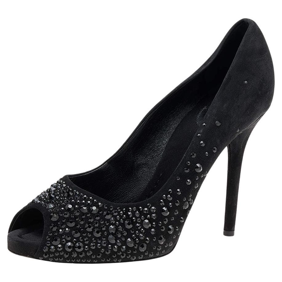 D.G. Escarpins Peep Toe en daim noir avec ornements en cristal Taille 40 en vente