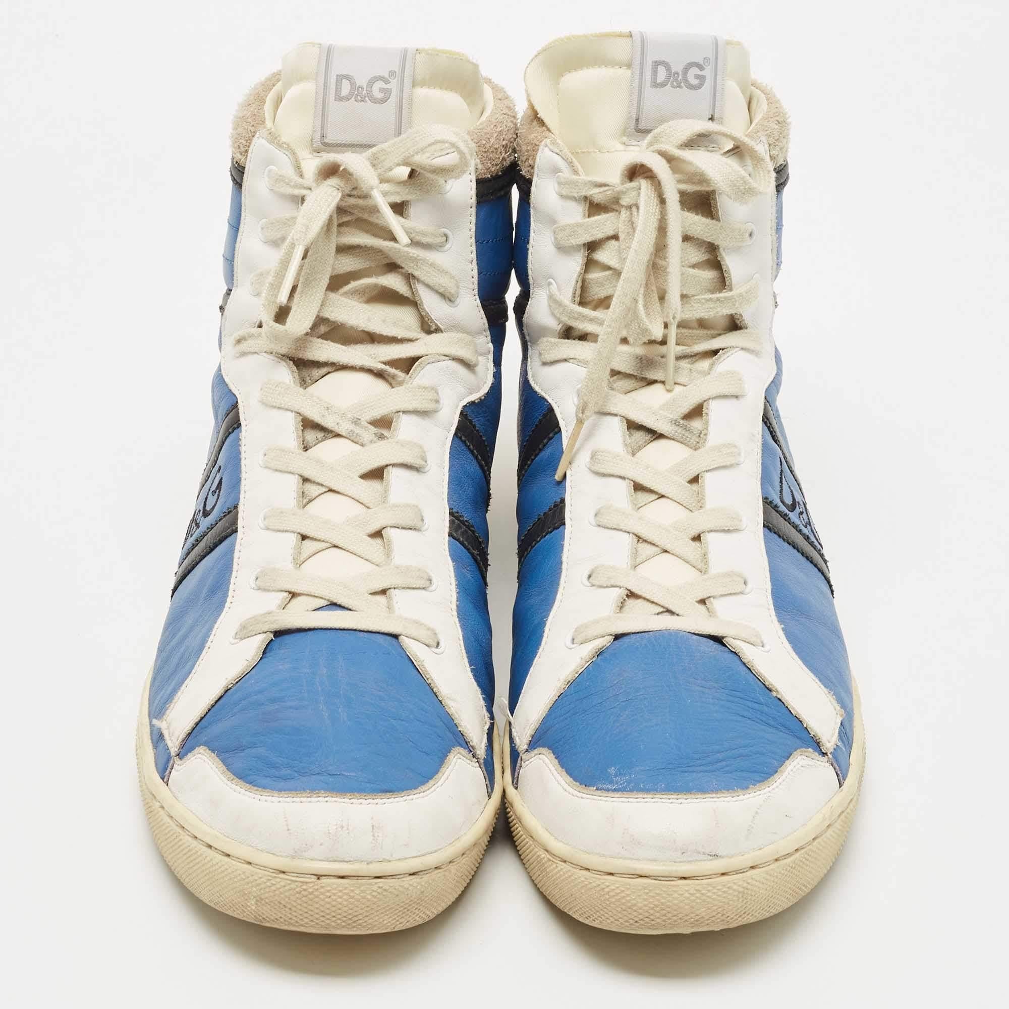 Gray D&G Blue/White Leather and Suede High Top Sneakers Size 45 For Sale