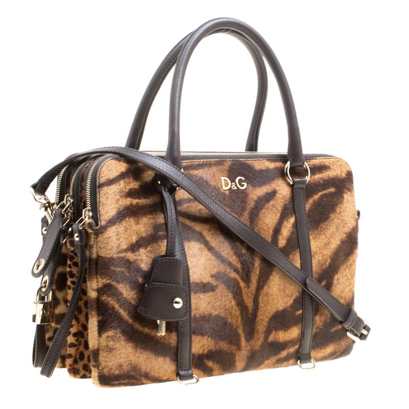 D&G Brown Animal Print Pony Hair and Leather Triple Zipper Top Handle Shoulder B In New Condition In Dubai, Al Qouz 2