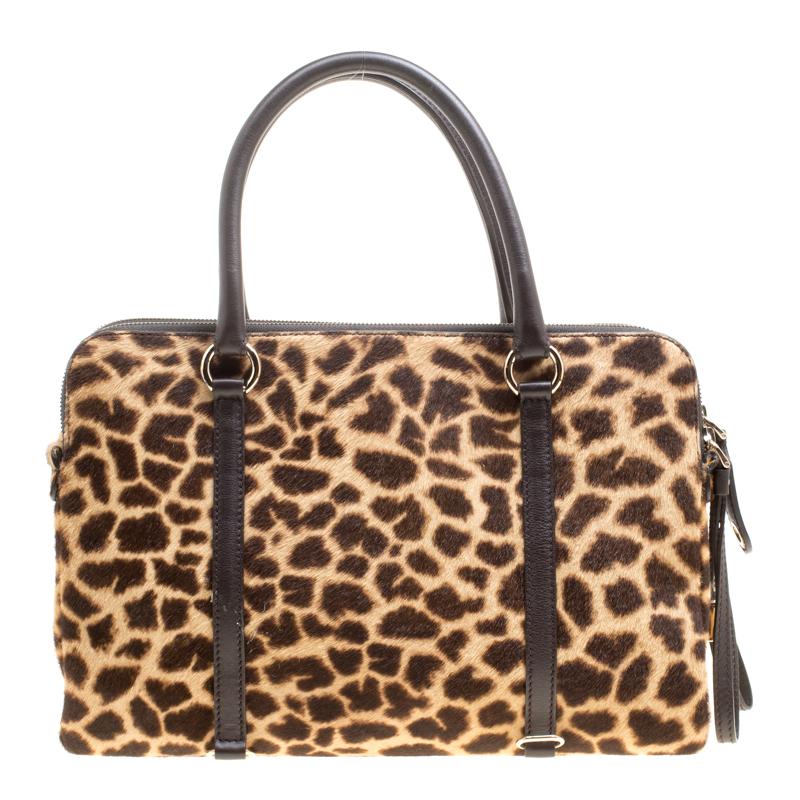 Women's D&G Brown Animal Print Pony Hair and Leather Triple Zipper Top Handle Shoulder B