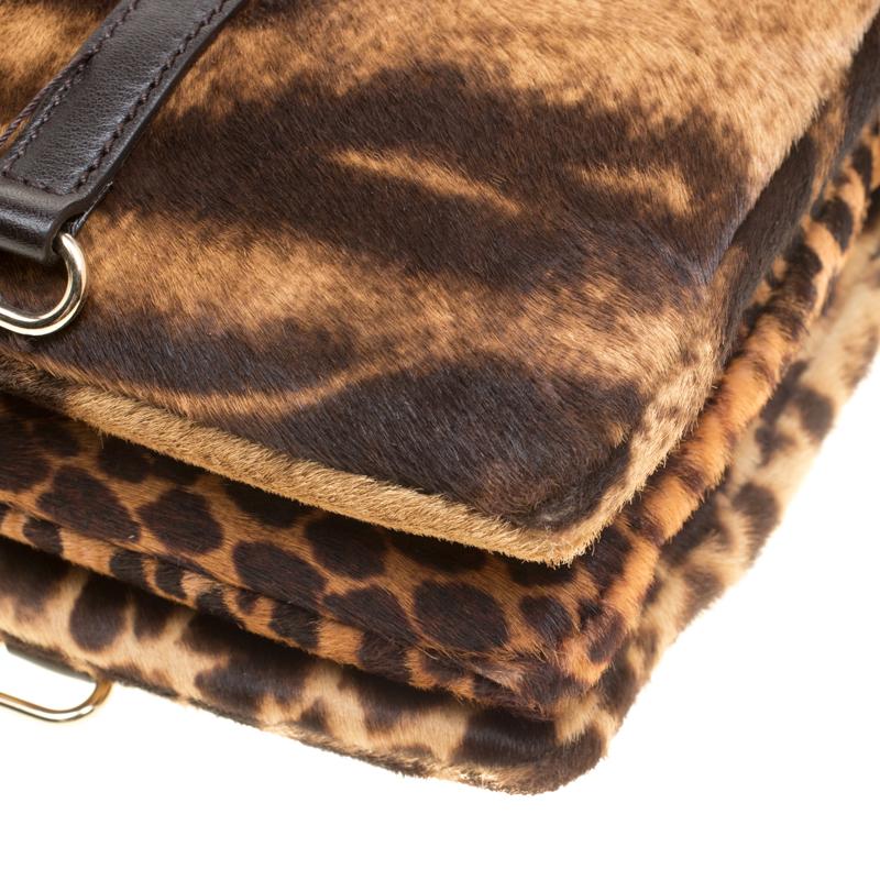 D&G Brown Animal Print Pony Hair and Leather Triple Zipper Top Handle Shoulder B 2