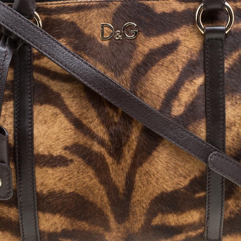 D&G Brown Animal Print Pony Hair and Leather Triple Zipper Top Handle Shoulder B 3