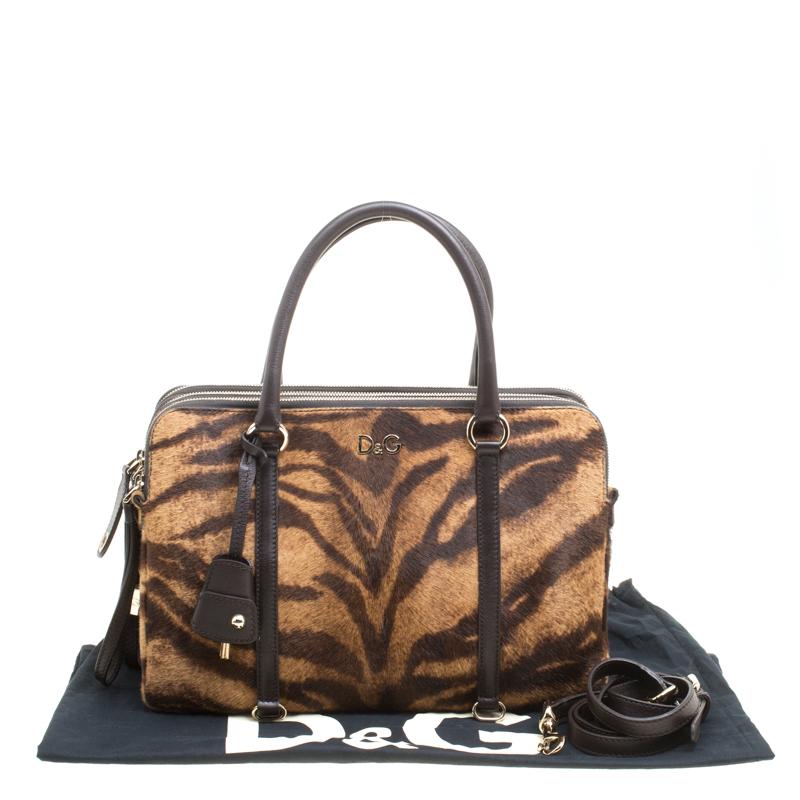 D&G Brown Animal Print Pony Hair and Leather Triple Zipper Top Handle Shoulder B 5