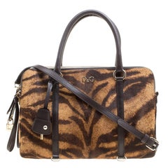 D&G Brown Animal Print Pony Hair and Leather Triple Zipper Top Handle Shoulder B
