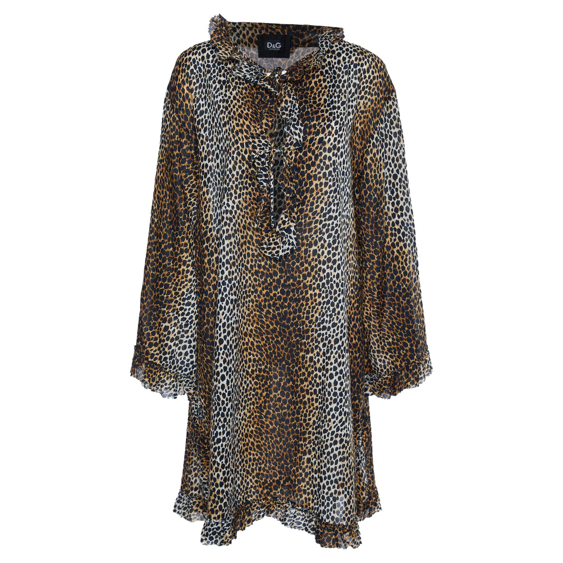 D&G Brown Animal Printed Cotton Shift Dress M For Sale