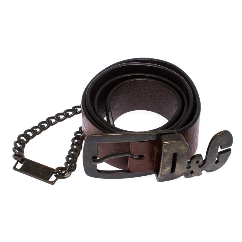 Black D&G Brown Leather Chain Detail Logo Buckle Belt 95CM