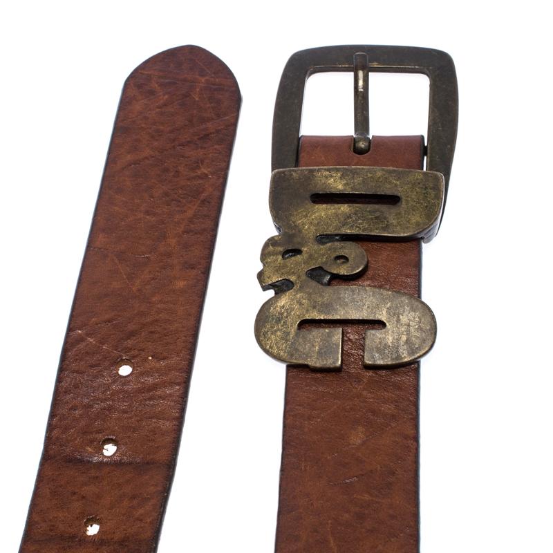 D&G Brown Leather Chain Detail Logo Buckle Belt 95CM In Good Condition In Dubai, Al Qouz 2