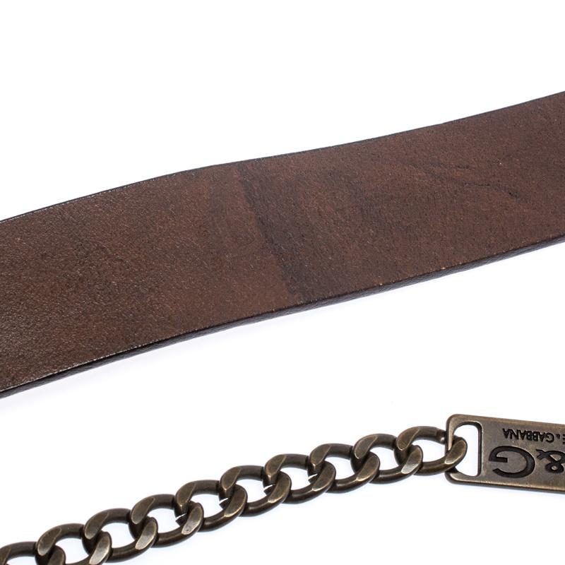 Men's D&G Brown Leather Chain Detail Logo Buckle Belt 95CM