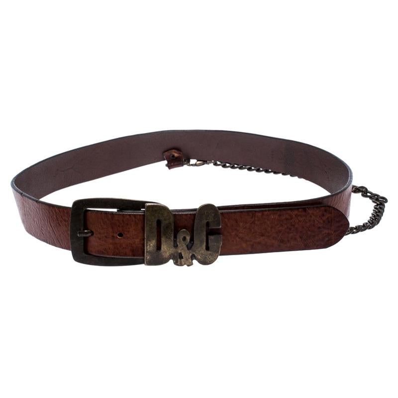 D&G Brown Leather Chain Detail Logo Buckle Belt 95CM