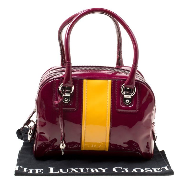 D&G Burgundy/Yellow Patent Leather Lily Stripe Bowler Bag For Sale at