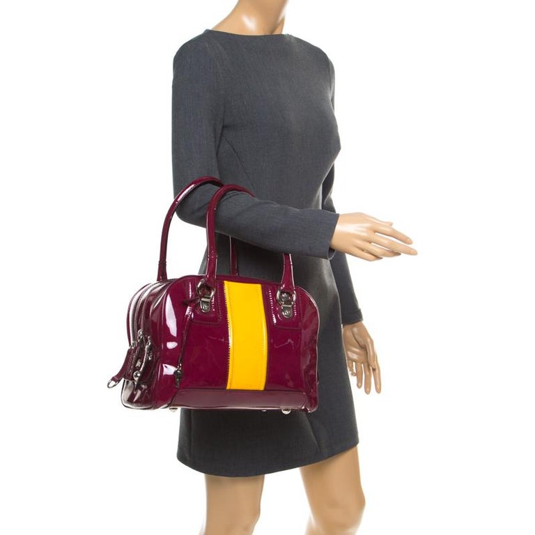 D&G Burgundy/Yellow Patent Leather Lily Stripe Bowler Bag For Sale at