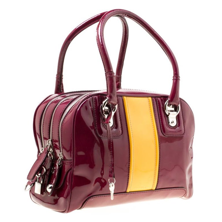 D&G Burgundy/Yellow Patent Leather Lily Stripe Bowler Bag For Sale at