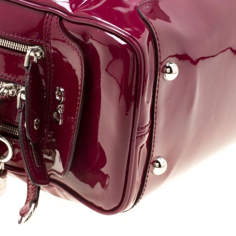 D&G Burgundy/Yellow Patent Leather Lily Stripe Bowler Bag For Sale at