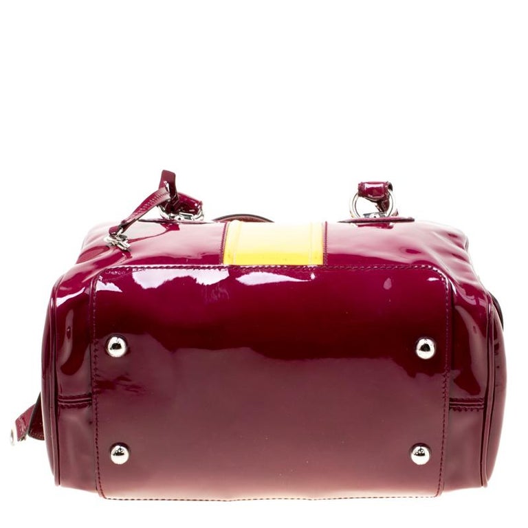 D&G Burgundy/Yellow Patent Leather Lily Stripe Bowler Bag For Sale at
