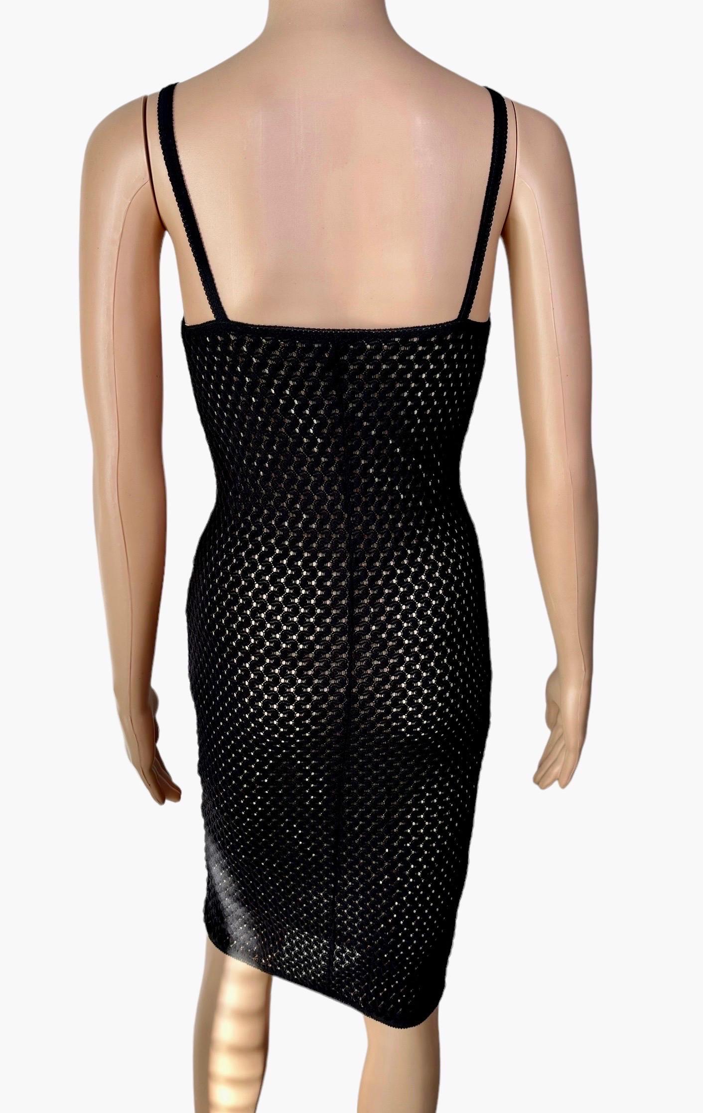 D&G by Dolce & Gabbana 1990's Sheer Knit Fishnet Virgin Mary Charm Black Dress In Excellent Condition In Naples, FL