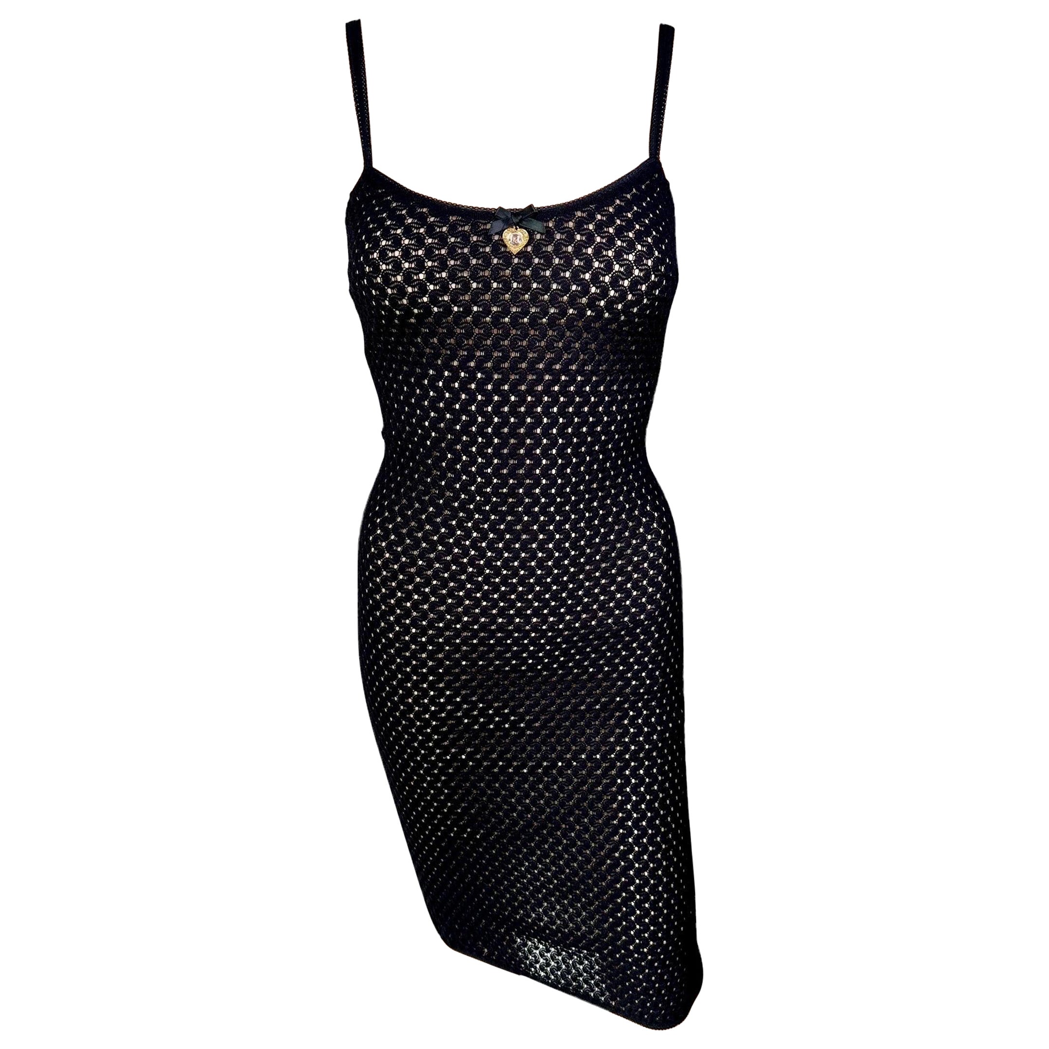 D&G by Dolce 
Gabbana 1990
s Sheer Knit Fishnet Virgin Mary Charm Black Dress