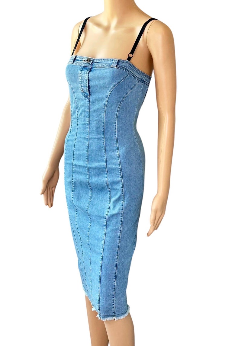 d&g denim dress Dolce & Gabbana Silk Shirt Blue Sweetheart neckline Sleeveless with adjustable shoulder straps Partially D&G Dolce and Gabbana Vintage
