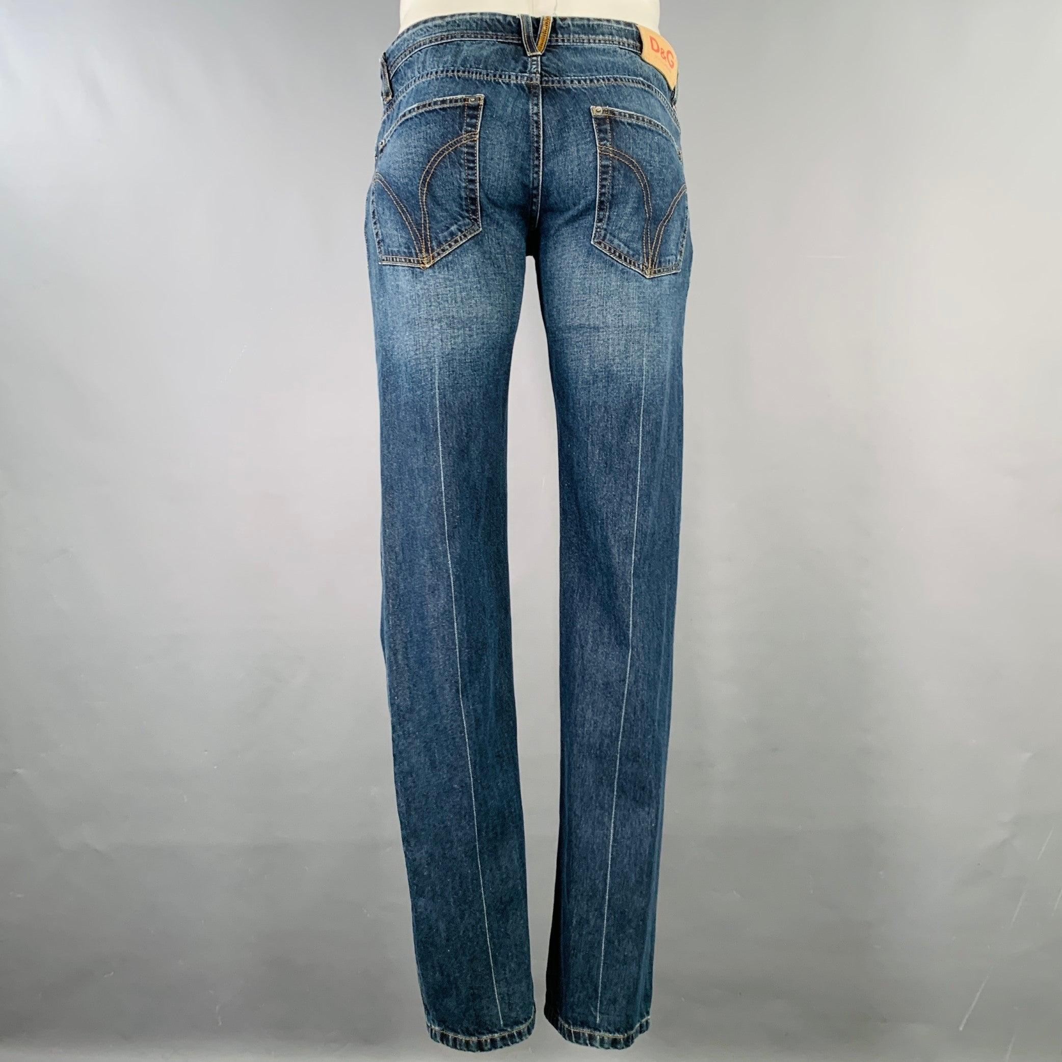 D&G by DOLCE & GABBANA Size 35 Blue Contrast Stitch Cotton Skinny Low Rise Jeans In Excellent Condition For Sale In San Francisco, CA
