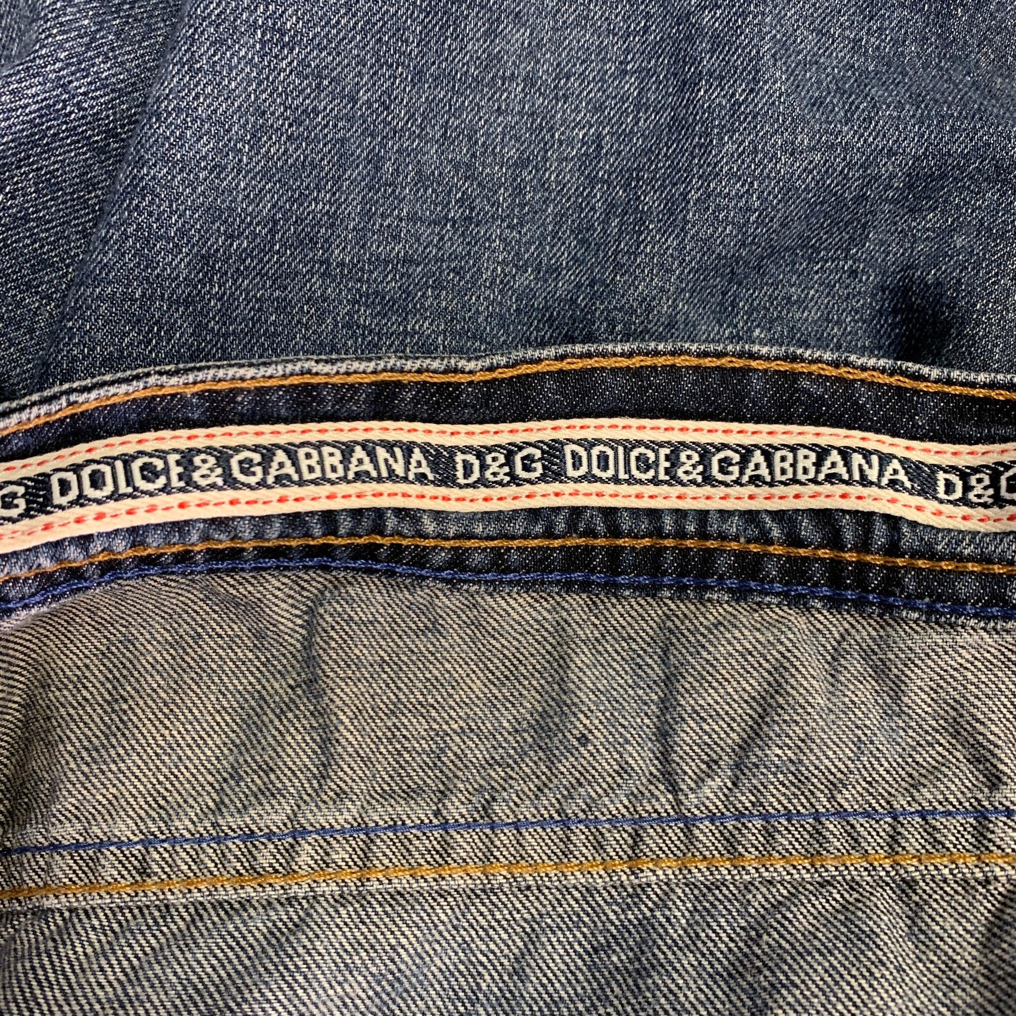 D&G by DOLCE & GABBANA Size 35 Blue Contrast Stitch Cotton Skinny Low Rise Jeans For Sale 2