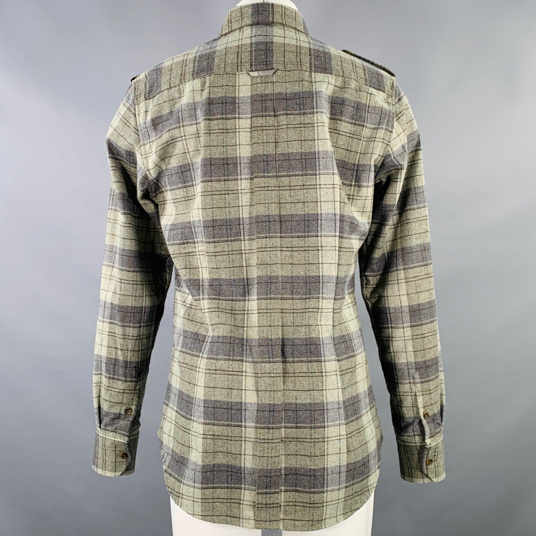 D&G by DOLCE & GABBANA Size 40 Green Grey Plaid Utility Slim Fit Long Sleeve Shirt In Excellent Condition For Sale In San Francisco, CA