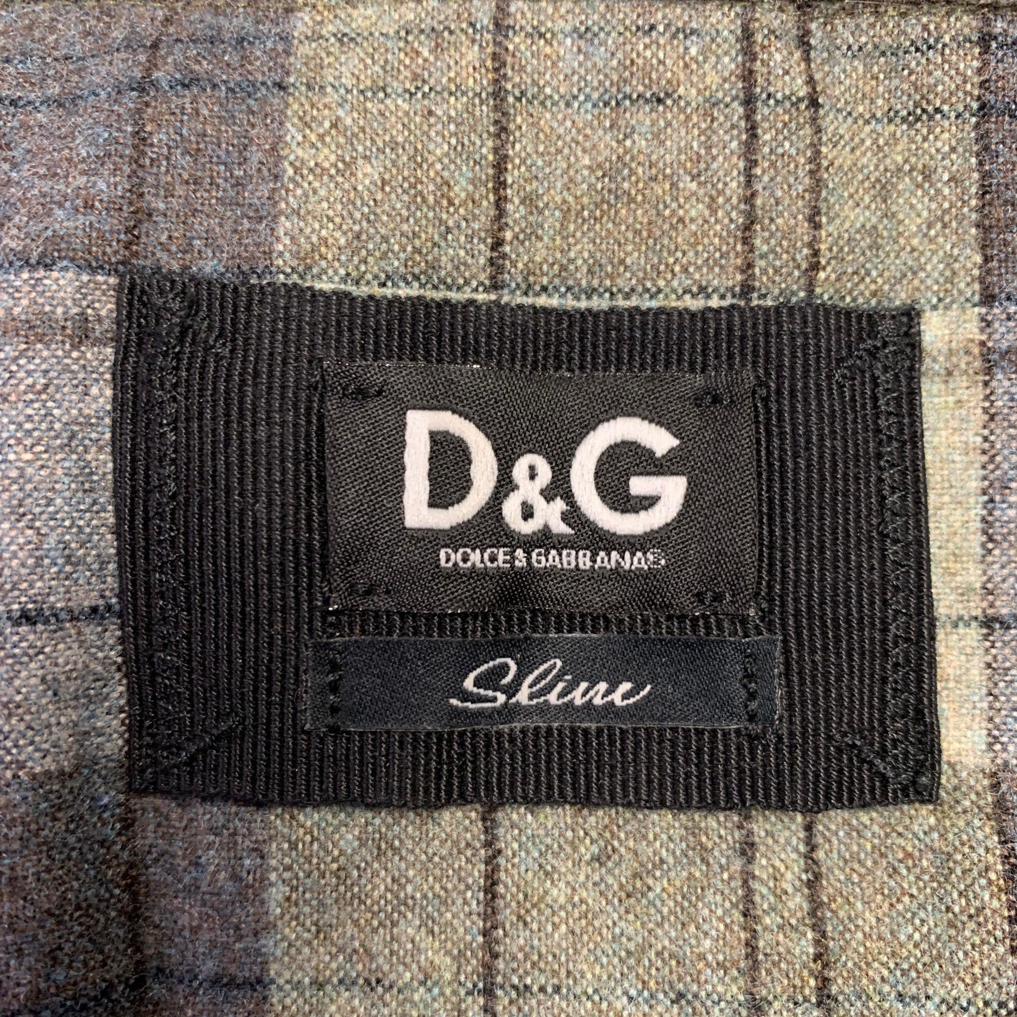 Men's D&G by DOLCE & GABBANA Size 40 Green Grey Plaid Utility Slim Fit Long Sleeve Shirt For Sale