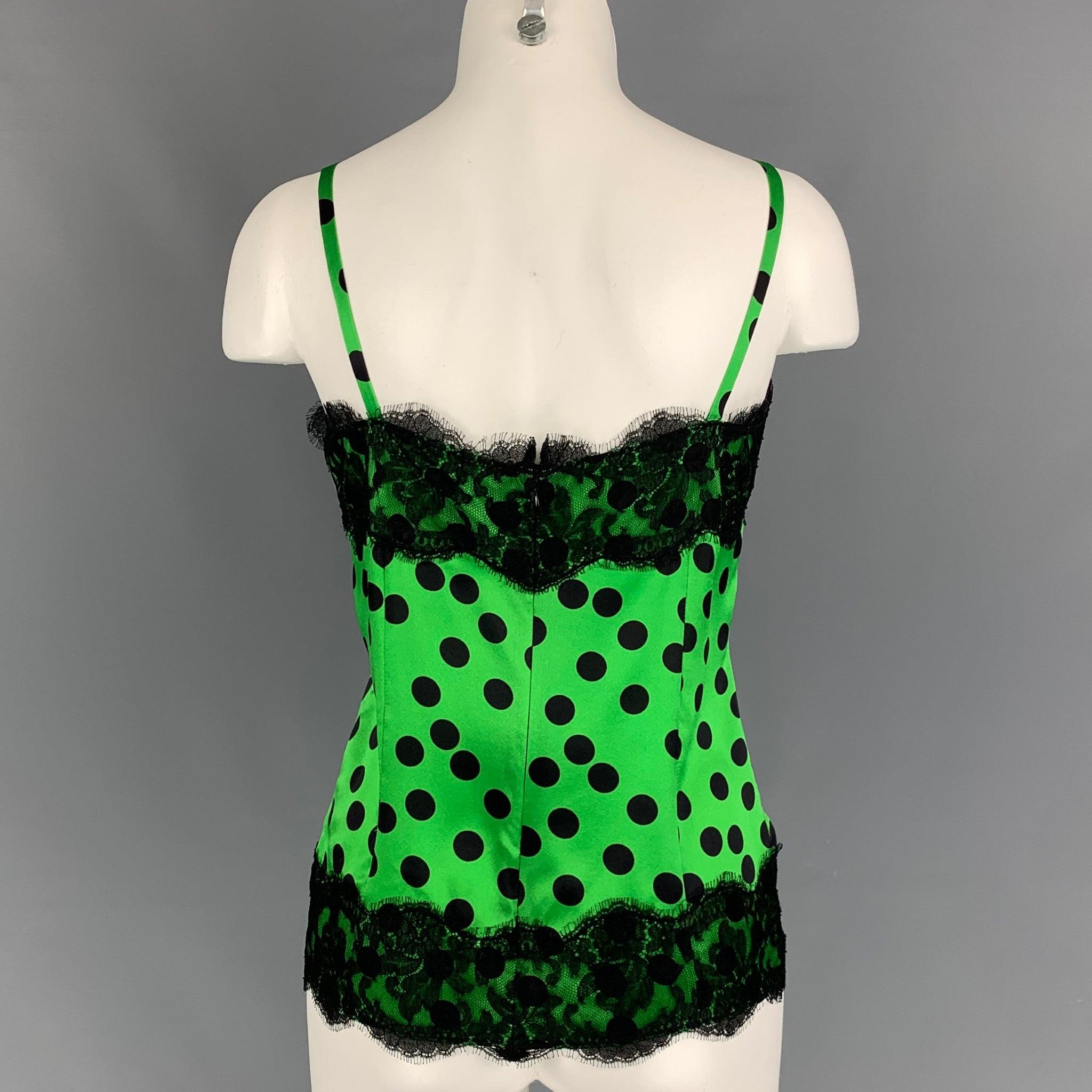D&G by DOLCE & GABBANA Size 8 Green Black Silk Polka Dot Casual Top In Good Condition In San Francisco, CA