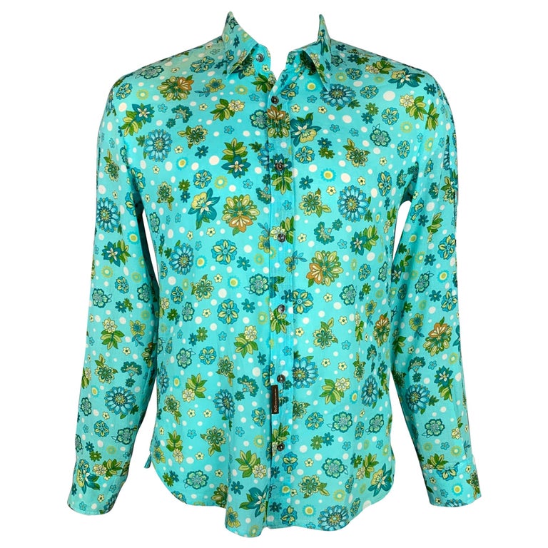 D&G by DOLCE and GABBANA Size L Aqua and Green Floral Cotton Long Sleeve  Shirt at 1stDibs