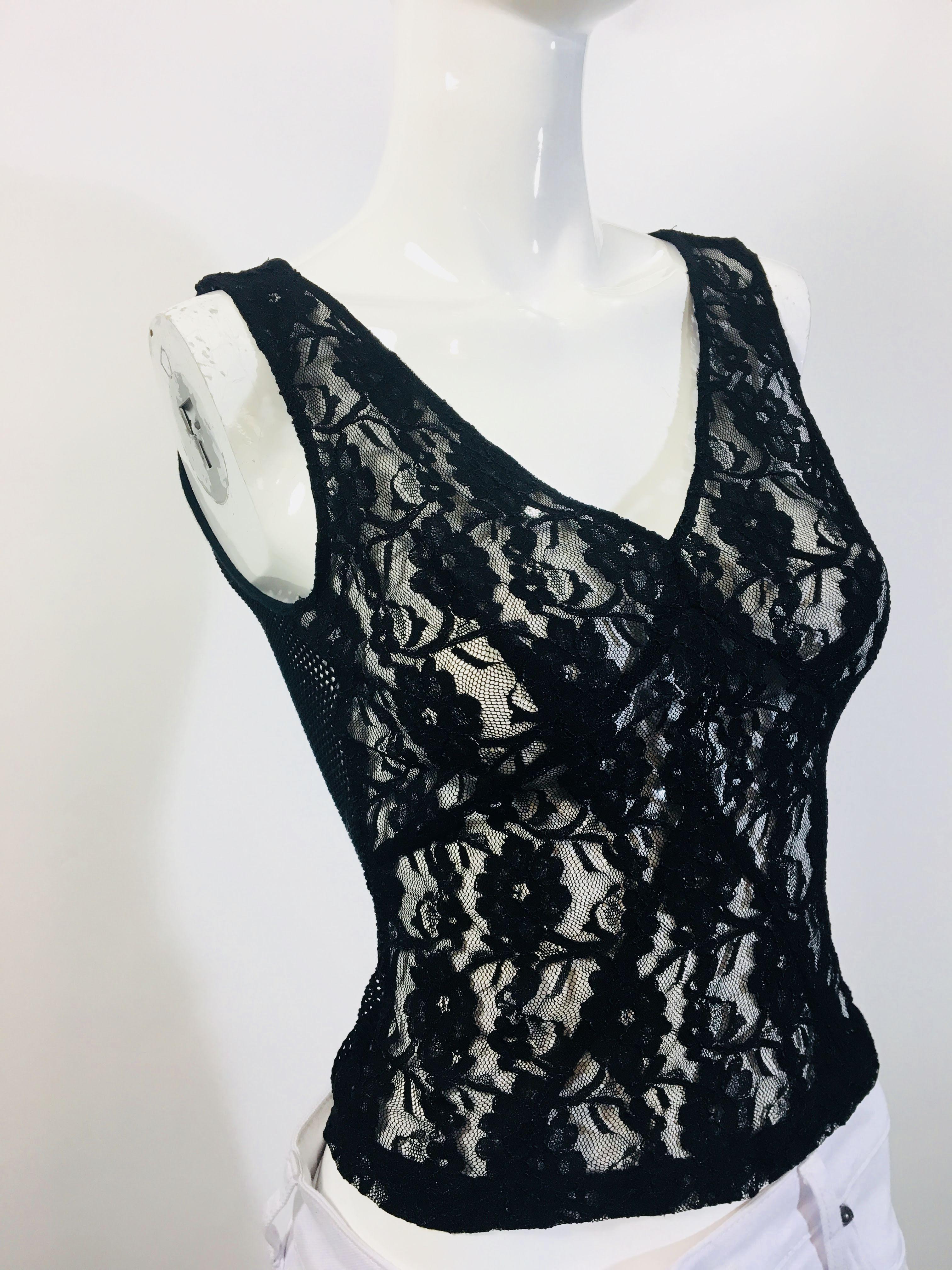 Black D&G by Dolce & Gabbana Sleeveless Floral Lace V-Neck Sheer Top