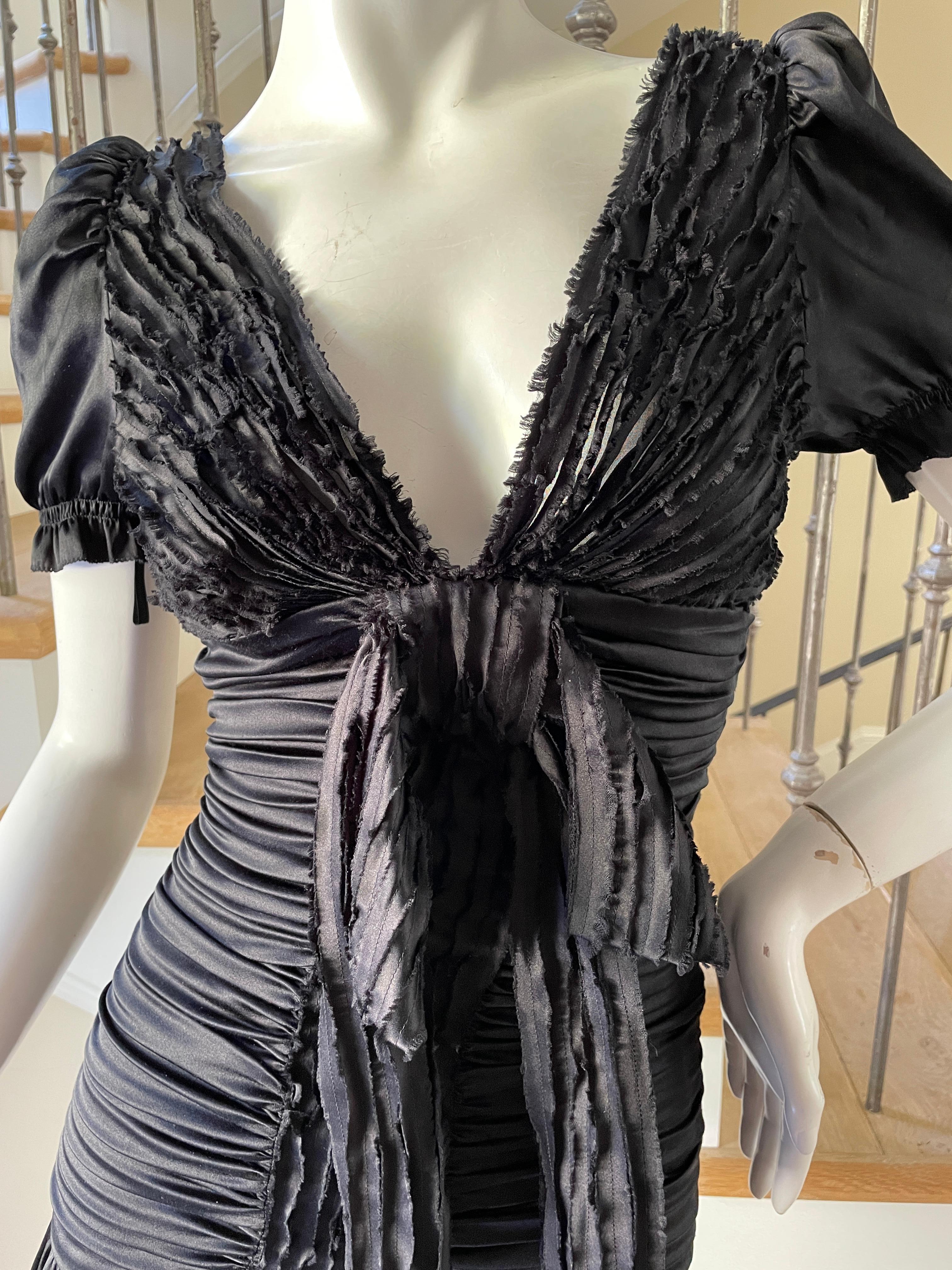 D&G by Dolce & Gabbana Vintage Black Silk Pleated Plunging Mini Dress In Excellent Condition For Sale In Cloverdale, CA