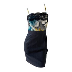D&G by Dolce & Gabbana Vintage Lace Trim Pinstripe Gray Flannel Cocktail Dress