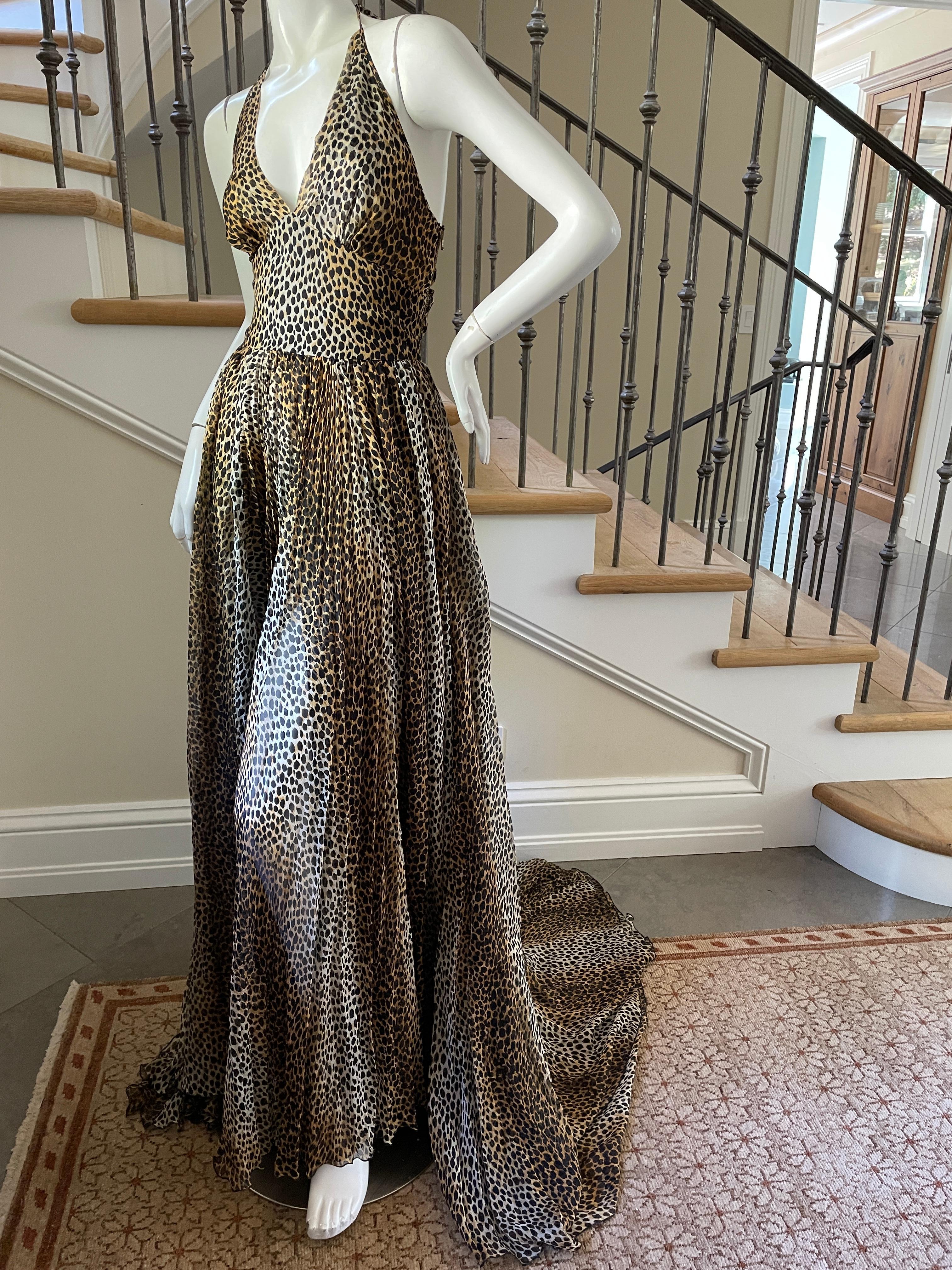 D&G by Dolce & Gabbana Vintage Leopard Silk Halter Style Evening Dress w Train In Excellent Condition For Sale In Cloverdale, CA