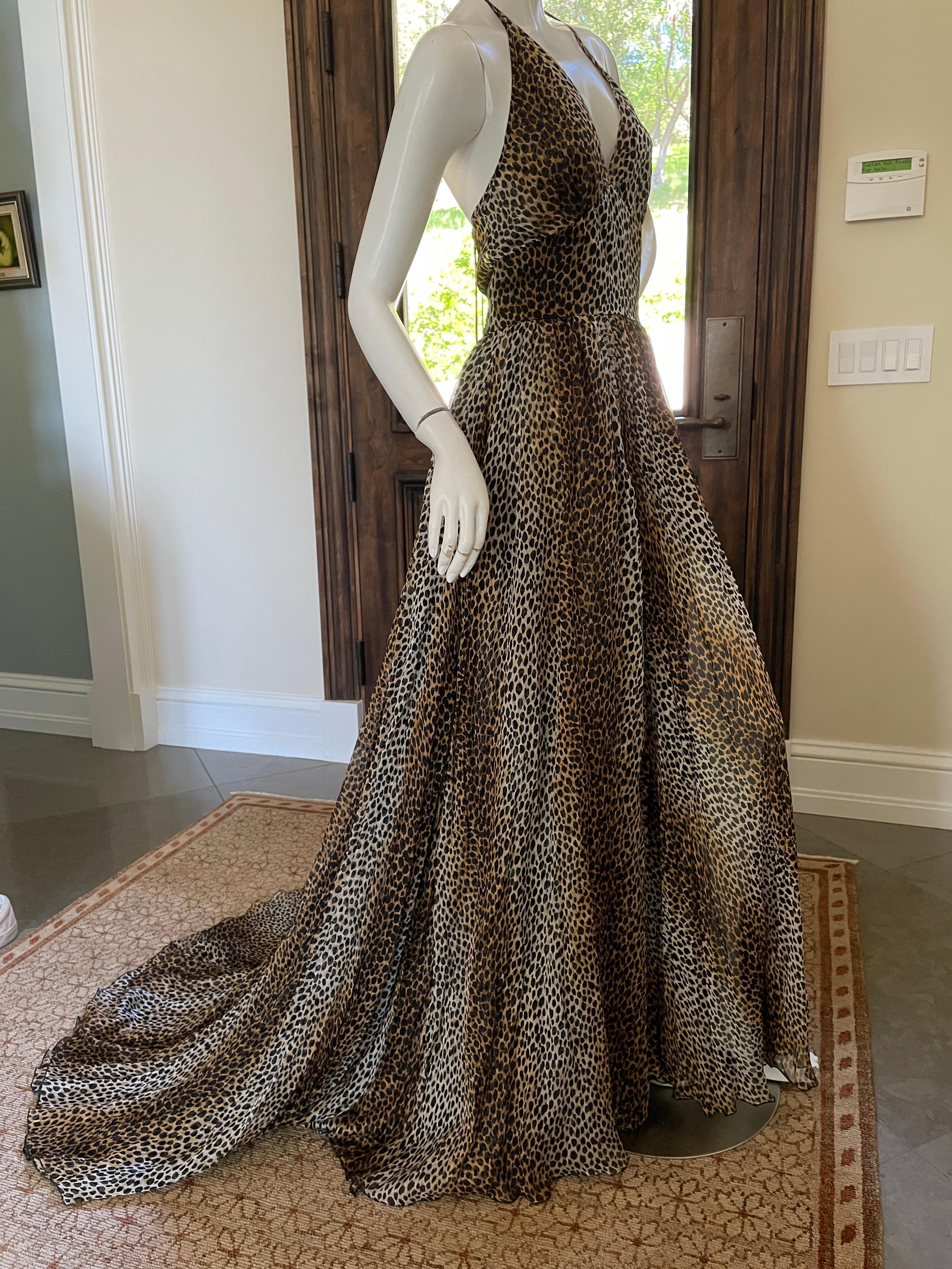 D&G by Dolce & Gabbana Vintage Leopard Silk Halter Style Evening Dress w Train For Sale 3