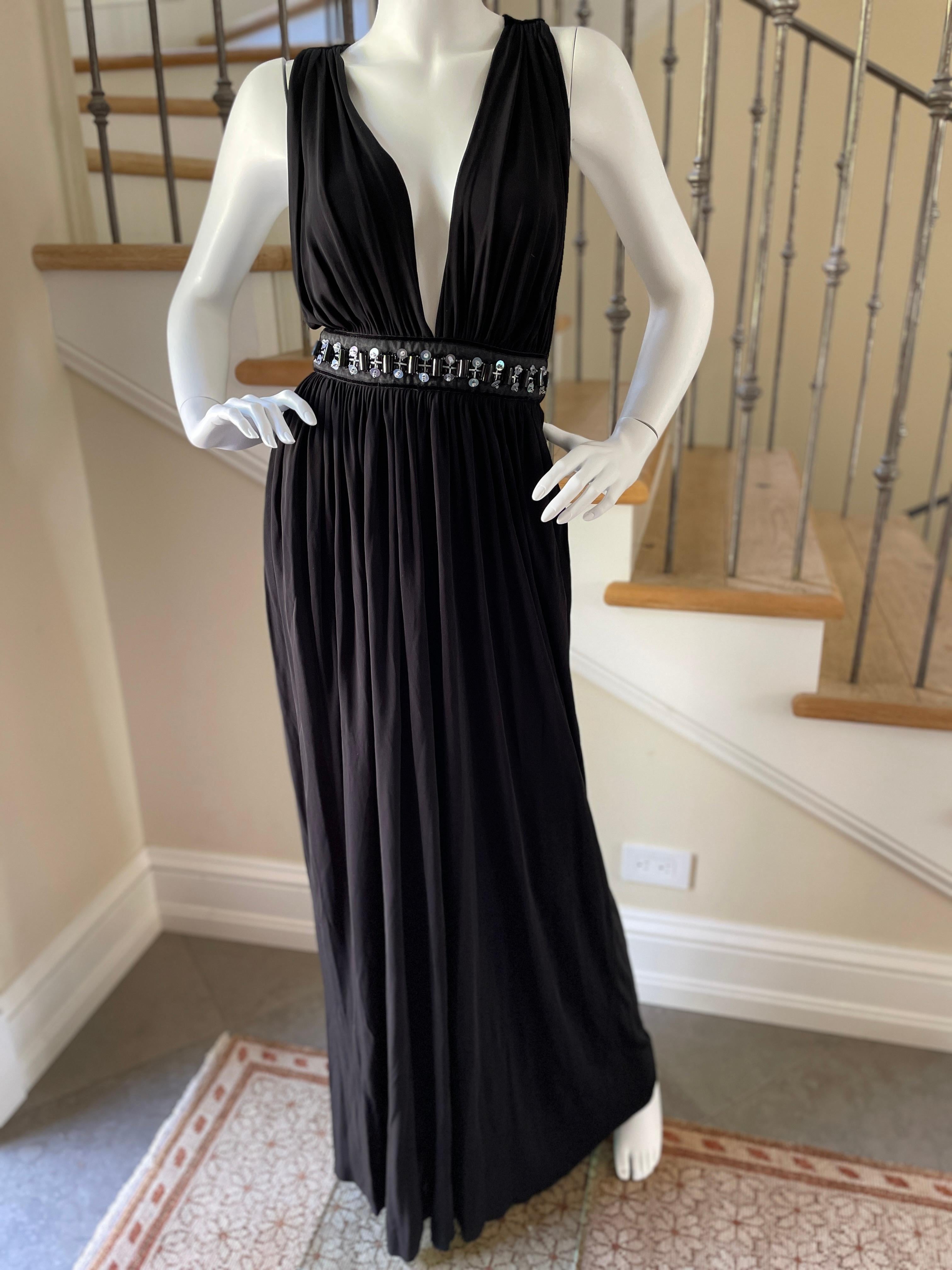 D&G by Dolce & Gabbana Vintage Plunging Black Evening Dress w Embellished Waist In Excellent Condition For Sale In Cloverdale, CA