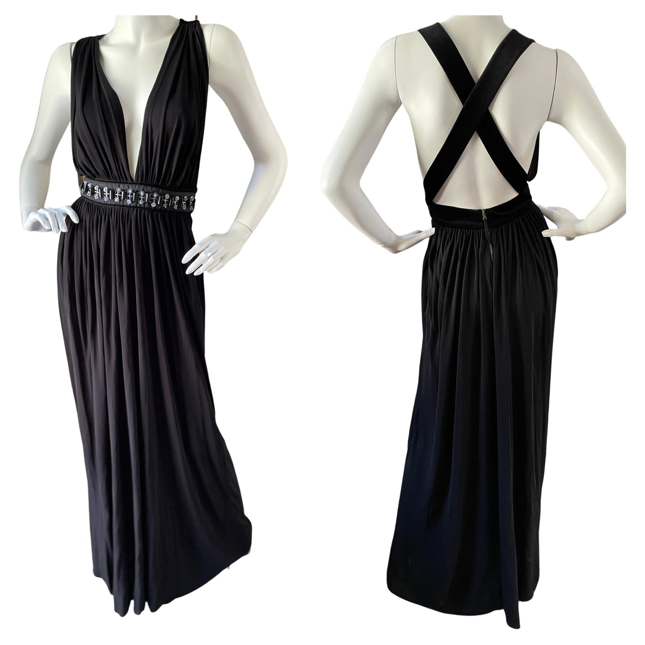 D&G by Dolce & Gabbana Vintage Plunging Black Evening Dress w Embellished Waist For Sale